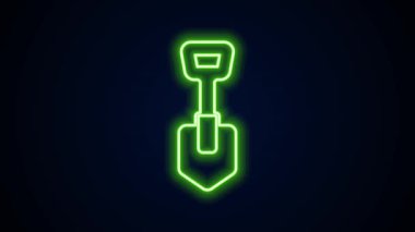 Parlayan neon hattı kürek simgesi siyah arkaplanda izole edildi. Bahçe aletleri. Bahçecilik, tarım, çiftçilik aleti. 4K Video hareketli grafik canlandırması