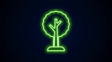 Parlayan neon çizgisi ağaç simgesi siyah arkaplanda izole edildi. Orman sembolü. 4K Video hareketli grafik canlandırması