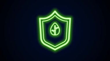 Parlayan neon hattı vegan beslenme ikonu siyah arka planda izole edildi. Organik, biyolojik, ekolojik sembol. Vejetaryen, et yok, laktozsuz, sağlıklı, taze ve şiddet içermeyen yiyecekler. 4K Video hareketli grafik canlandırması