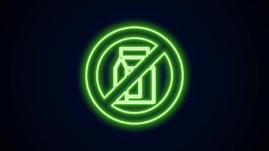 Parlayan neon hattı. Siyah arkaplanda izole edilmiş bir süt ikonu paketi yok. Süte izin yok. Alerji konsepti, laktoza duyarlılık alerjisi uyarısı. 4K Video hareketli grafik canlandırması