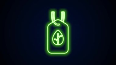 Parlayan neon hattı vegan beslenme ikonu siyah arka planda izole edildi. Organik, biyolojik, ekolojik sembol. Vejetaryen, et yok, laktozsuz, sağlıklı, taze ve şiddet içermeyen yiyecekler. 4K Video hareketli grafik canlandırması