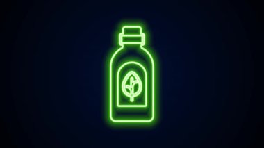 Parlayan neon çizgisi. Siyah arka planda izole edilmiş temel yağ şişesi simgesi. Organik aromaterapi özü. Cilt bakımı serumu cam bırakma paketi. 4K Video hareketli grafik canlandırması