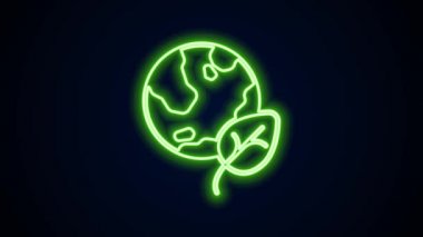 Parlayan neon hattı Dünya küresi ve yaprak ikonu siyah arka planda izole edildi. Dünya ya da Dünya işareti. Geometrik şekiller. Çevresel konsept. 4K Video hareketli grafik canlandırması