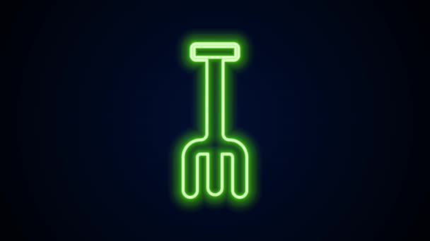 Gloeiende neon lijn Tuinhark pictogram geïsoleerd op zwarte achtergrond. Gereedschap voor tuinbouw, landbouw, landbouw. Ground cultivator. Huishoudapparatuur. 4K Video motion grafische animatie — Stockvideo