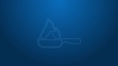 Beyaz çizgi kızartma tavası simgesi mavi arkaplanda izole edildi. Kızartma veya kızartma gıda sembolü. 4K Video hareketli grafik canlandırması