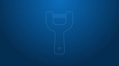 Mavi arka planda beyaz çizgi sebze soyucu simgesi izole edildi. Sebze temizlemek için bıçak. Mutfak eşyası, alet edevat. 4K Video hareketli grafik canlandırması