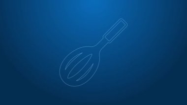 Beyaz çizgi Mutfak çırpma simgesi mavi arkaplanda izole edildi. Mutfak aletleri, yumurta çırpıcı. Çatal bıçak seti. Yemek karışımı sembolü. 4K Video hareketli grafik canlandırması