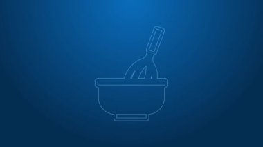 Mavi arka planda izole edilmiş kase simgesi olan beyaz çizgi Mutfak çırpıcısı. Mutfak aletleri, yumurta çırpıcı. Çatal bıçak seti. Yemek karışımı sembolü. 4K Video hareketli grafik canlandırması