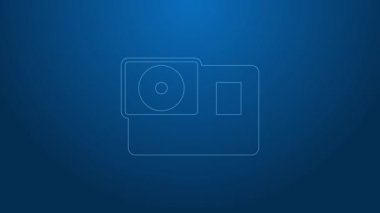 Beyaz çizgi Eylem ekstrem kamera simgesi mavi arkaplanda izole edildi. Ekstrem sporları çekmek için video kamera ekipmanı. 4K Video hareketli grafik canlandırması
