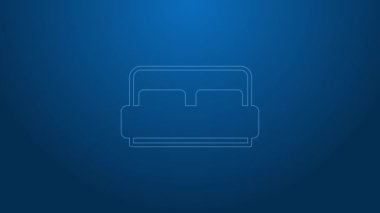 Beyaz çizgili otel odası yatak odası ikonu mavi arka planda izole edilmiş. 4K Video hareketli grafik canlandırması