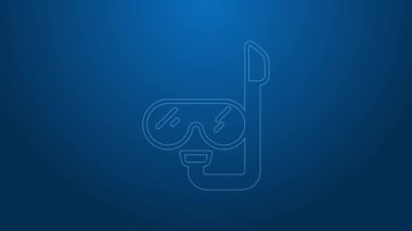 Mavi arka planda beyaz çizgi dalış maskesi ve şnorkel ikonu var. Olağanüstü bir spor. Su altı ekipmanları. 4K Video hareketli grafik canlandırması