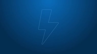Mavi arka planda beyaz çizgi Şimşek simgesi izole edildi. Flaş işareti. Flaş ikonunu yükle. Gök gürültüsü. Yıldırım çarpması. 4K Video hareketli grafik canlandırması