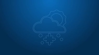 Mavi arka planda kar ve güneş ikonu olan beyaz çizgi bulutu. Kar taneli bulut. Tek hava ikonu. Kar tabelası. 4K Video hareketli grafik canlandırması