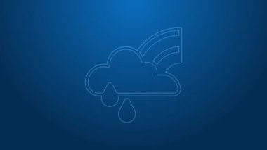 Mavi arka planda bulutlu ve yağmur ikonlu beyaz çizgi gökkuşağı. 4K Video hareketli grafik canlandırması