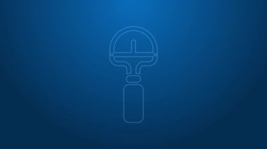 Mavi arkaplanda beyaz çizgi kürek simgesi izole edildi. Bahçe aletleri. Bahçecilik, tarım, çiftçilik aleti. 4K Video hareketli grafik canlandırması