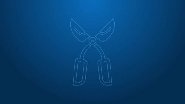 Mavi arkaplanda izole edilmiş simgeyi budamak için beyaz çizgili el yapımı makas. Ahşap saplı budama makası. 4K Video hareketli grafik canlandırması