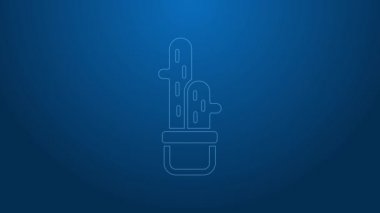 Beyaz çizgi kaktüs kaktüs kaktüsü mavi arka planda izole edilmiş bir çömlek simgesi. Tencerede yetişen bir bitki. Saksı bitkisi işareti. 4K Video hareketli grafik canlandırması