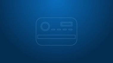 Beyaz çizgi kredi kartı simgesi mavi arkaplanda izole edildi. Çevrimiçi ödeme. Nakit çekilmesi. Finansal operasyonlar. Alışveriş tabelası. 4K Video hareketli grafik canlandırması