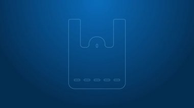 Beyaz çizgi kağıttan alışveriş poşeti ikonu mavi arkaplanda izole edilmiş. Paket işareti. 4K Video hareketli grafik canlandırması