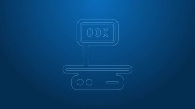 Beyaz çizgi Elektronik ölçek simgesi mavi arkaplanda izole edildi. Yemek için kilo. Markette ya da süpermarkette tartılma işlemi. 4K Video hareketli grafik canlandırması