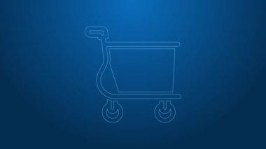 Beyaz çizgi alışveriş arabası simgesi mavi arka planda izole edildi. İnternetten satın alma konsepti. Servis tabelası. Süpermarket sepeti sembolü. 4K Video hareketli grafik canlandırması