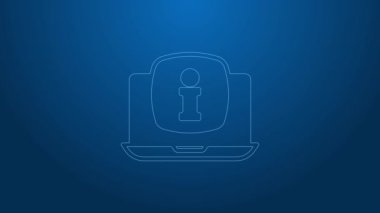 Mavi arkaplanda bilgi simgesi olan beyaz çizgi dizüstü bilgisayarı. 4K Video hareketli grafik canlandırması