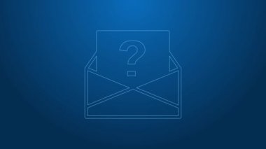 Mavi arkaplanda soru işareti simgesi olan beyaz çizgi Zarfı. Soru işareti sembollü mektup. İsteği e-postayla gönder. 4K Video hareketli grafik canlandırması