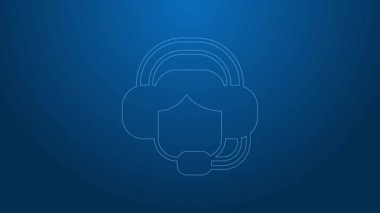 Mavi arka planda izole edilmiş kulaklık simgesi olan beyaz çizgili kadın. Destek operatörü hatta. Çağrı merkezi konsepti, müşteri destek servisi. 4K Video hareketli grafik canlandırması