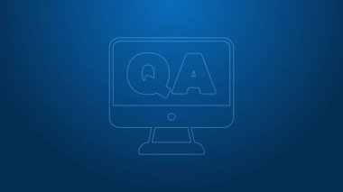 Soru ve Yanıt simgesinin mavi arkaplanda izole edildiği beyaz çizgi konuşma kabarcıkları. Q ve A sembolü. SSS işareti. Konuşma balonu ve çizelgesi. 4K Video hareketli grafik canlandırması