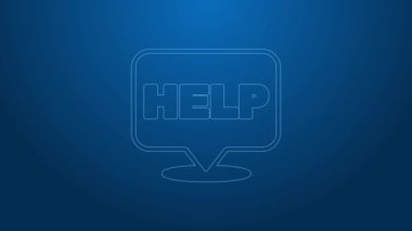 Metin Yardım simgesine sahip beyaz satır konuşma balonu mavi arkaplanda izole edildi. 4K Video hareketli grafik canlandırması