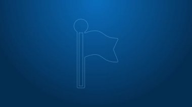 Beyaz çizgi bayrak simgesi mavi arkaplanda izole edildi. Yer belirleyici sembol. 4K Video hareketli grafik canlandırması