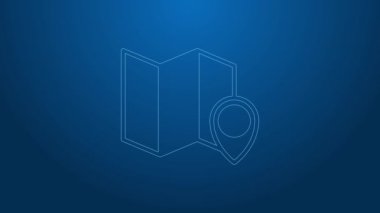 Mavi arkaplanda konum imleci simgesi izole edilmiş beyaz çizgi haritası. 4K Video hareketli grafik canlandırması