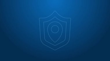 Beyaz çizgi konum kalkanı simgesi mavi arkaplanda izole edildi. Sigorta konsepti. Gardiyan. Güvenlik, güvenlik, koruma, gizlilik kavramı. 4K Video hareketli grafik canlandırması