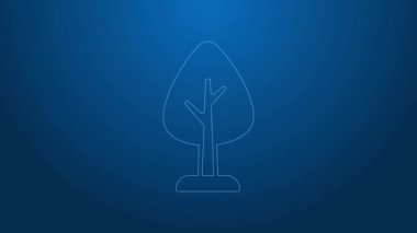 Beyaz çizgi ağaç simgesi mavi arkaplanda izole edildi. Orman sembolü. 4K Video hareketli grafik canlandırması