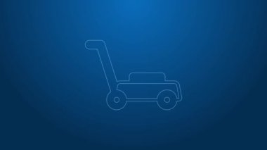 Mavi arka planda beyaz çizgi çim biçme makinesi simgesi izole edildi. Çim biçme makinesi çim biçiyor. 4K Video hareketli grafik canlandırması