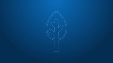 Beyaz çizgi ağaç simgesi mavi arkaplanda izole edildi. Orman sembolü. 4K Video hareketli grafik canlandırması