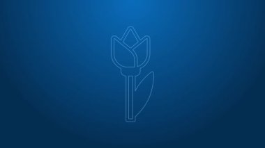 Beyaz çizgi çiçek lale simgesi mavi arkaplanda izole edildi. 4K Video hareketli grafik canlandırması