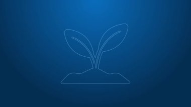 Beyaz çizgi filiz simgesi mavi arkaplanda izole edildi. Tohum ve tohum. İşaret bırakıyor. Yaprak doğası. 4K Video hareketli grafik canlandırması