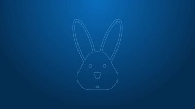 Beyaz çizgi üzerinde mavi arka planda izole edilmiş tavşan ikonu olan hayvanlara zulüm yok. 4K Video hareketli grafik canlandırması