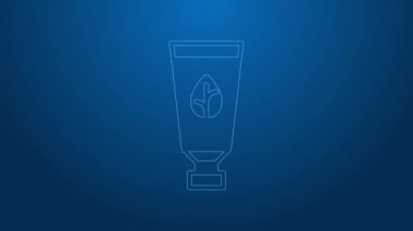 Mavi arka planda beyaz çizgi organik kozmetik ikonu izole edildi. Vücut bakım ürünleri. 4K Video hareketli grafik canlandırması