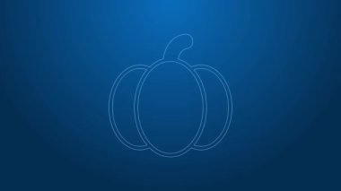 Beyaz çizgi balkabağı simgesi mavi arkaplanda izole edildi. Mutlu Cadılar Bayramı Partisi. 4K Video hareketli grafik canlandırması