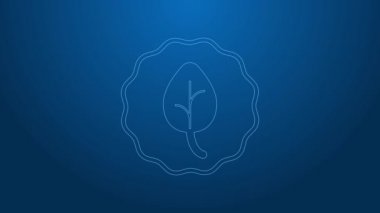 Beyaz çizgi Yaprak simgesi mavi arkaplanda izole edildi. İşaret bırakıyor. Taze doğal ürün sembolü. 4K Video hareketli grafik canlandırması