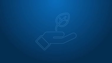 Çevre koruma ikonunu elinde tutan beyaz çizgili bitki mavi arka planda izole edilmiş. Tohum ve tohum. Fidan dikiyorum. Ekoloji konsepti. 4K Video hareketli grafik canlandırması