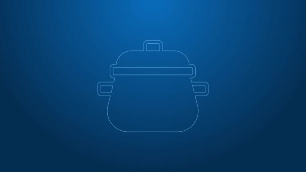 Vit linje Matlagning pot ikon isolerad på blå bakgrund. Koka eller gryta mat symbol. 4K Video motion grafisk animation — Stockvideo
