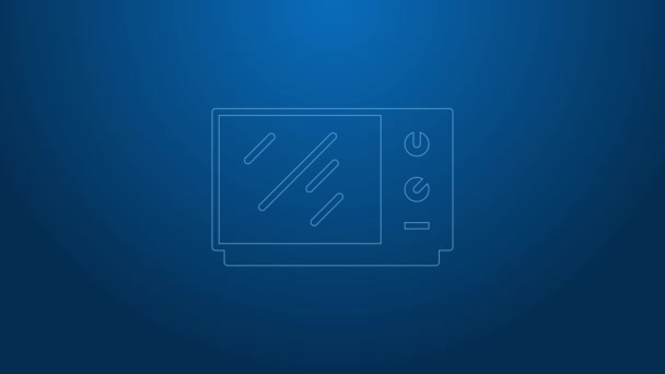 White line Micmicrowave oven icon isolated on blue background. Значок бытовой техники. Видеографическая анимация 4K — стоковое видео