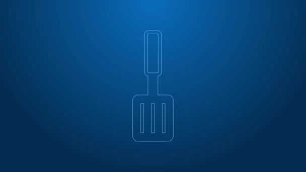 White line Barbecue spatula icon isolated on blue background. Kitchen spatula icon. BBQ spatula sign. Barbecue and grill tool. 4K Video motion graphic animation — Stock Video