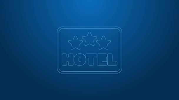 青い背景に隔離されたテキストホテルのアイコンとホワイトライン看板屋外広告。4Kビデオモーショングラフィックアニメーション — ストック動画