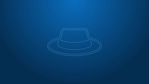 Bílá čára Man klobouk s ikonou stuhy izolované na modrém pozadí. Grafická animace pohybu videa 4K — Stock video