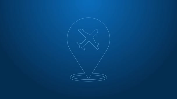 Weiße Linie Flugzeug-Symbol isoliert auf blauem Hintergrund. Fliegende Flugzeug-Ikone Verkehrszeichen. 4K Video Motion Grafik Animation — Stockvideo