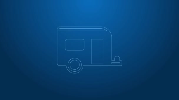 Weiße Linie Rv Camping Anhänger Symbol isoliert auf blauem Hintergrund. Reisen Mobilheim, Wohnwagen, Wohnmobil für die Reise. 4K Video Motion Grafik Animation — Stockvideo